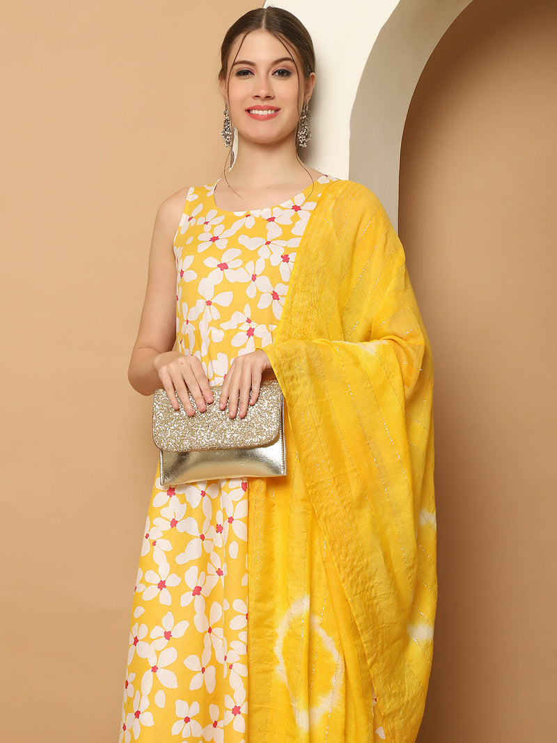 Printed yellow flowers flared kurta pallazos dupatta set ( JOKPL D64Y 1564 Yellow )