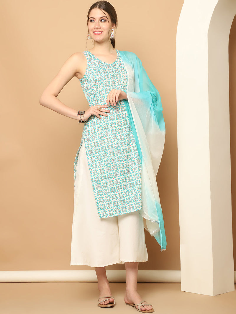 Printed Blue Rayon Kurta with Palazzos & With Dupatta ( JOKPL D65B 1561 Blue )