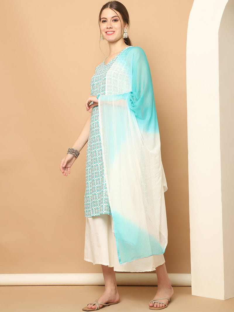 Printed Blue Rayon Kurta with Palazzos & With Dupatta ( JOKPL D65B 1561 Blue )