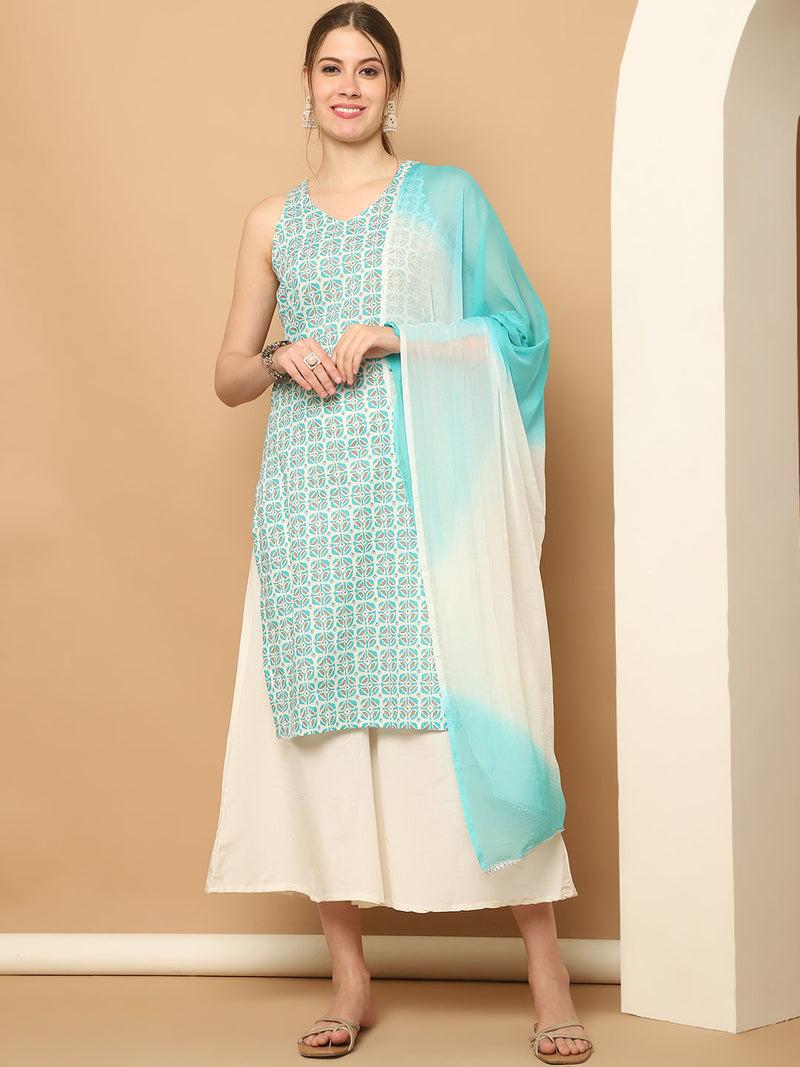 Printed Blue Rayon Kurta with Palazzos & With Dupatta ( JOKPL D65B 1561 Blue )