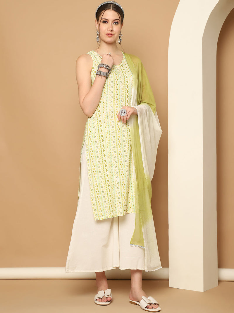 Printed Green Rayon Kurta with Palazzos & With Dupatta ( JOKPL D65G 1561 Green )