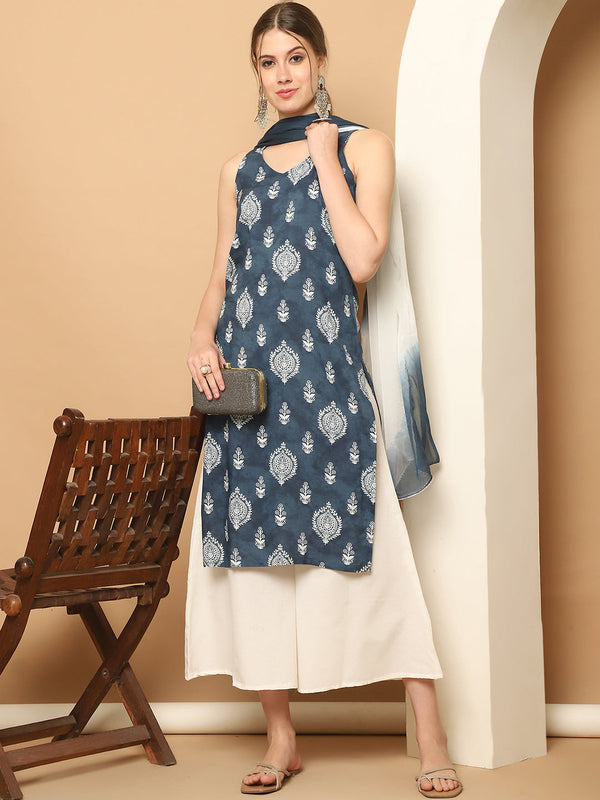 Printed Grey Rayon Kurta with Palazzos & With Dupatta ( JOKPL D65N 1561 Grey )