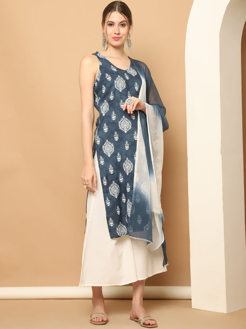 Printed Grey Rayon Kurta with Palazzos & With Dupatta ( JOKPL D65N 1561 Grey )