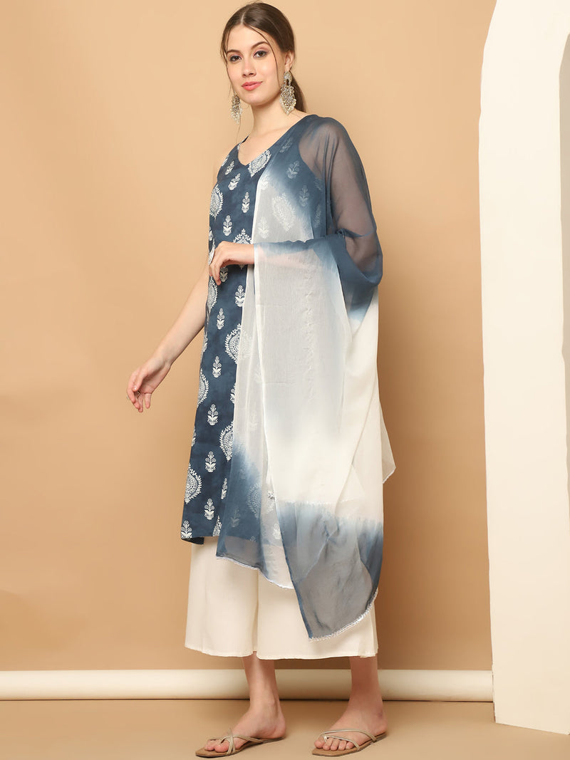 Printed Grey Rayon Kurta with Palazzos & With Dupatta ( JOKPL D65N 1561 Grey )