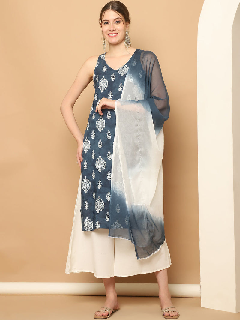 Printed Grey Rayon Kurta with Palazzos & With Dupatta ( JOKPL D65N 1561 Grey )