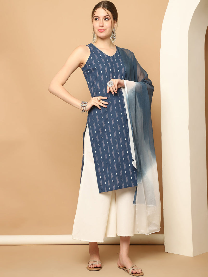 Printed Navy Blue Cotton Kurta with Palazzos & With Dupatta ( JOKPL D65N 1561 Navy )