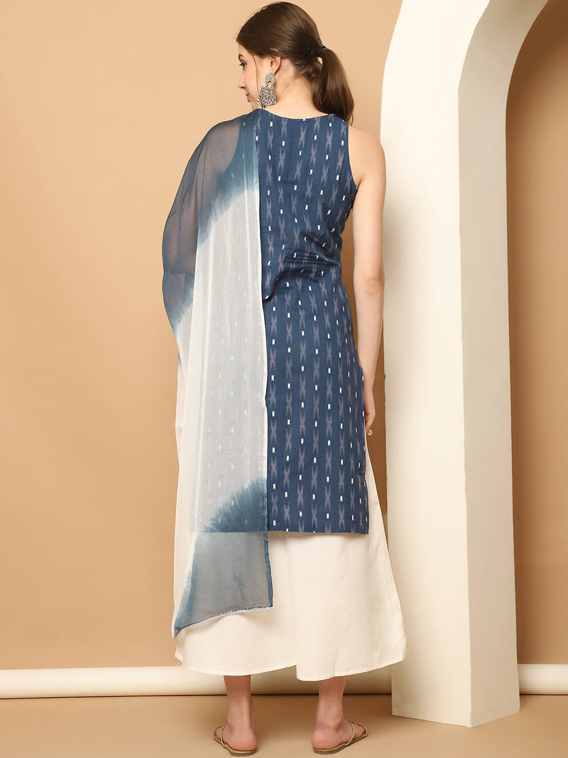 Printed Navy Blue Cotton Kurta with Palazzos & With Dupatta ( JOKPL D65N 1561 Navy )