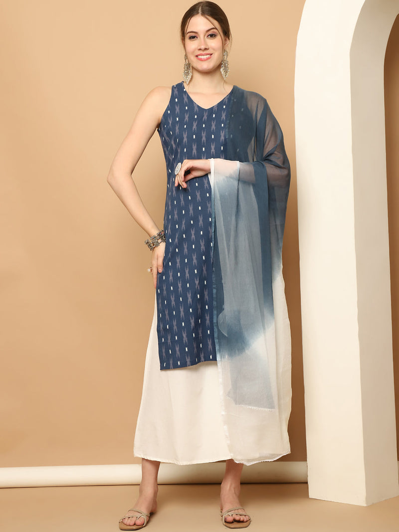 Printed Navy Blue Cotton Kurta with Palazzos & With Dupatta ( JOKPL D65N 1561 Navy )