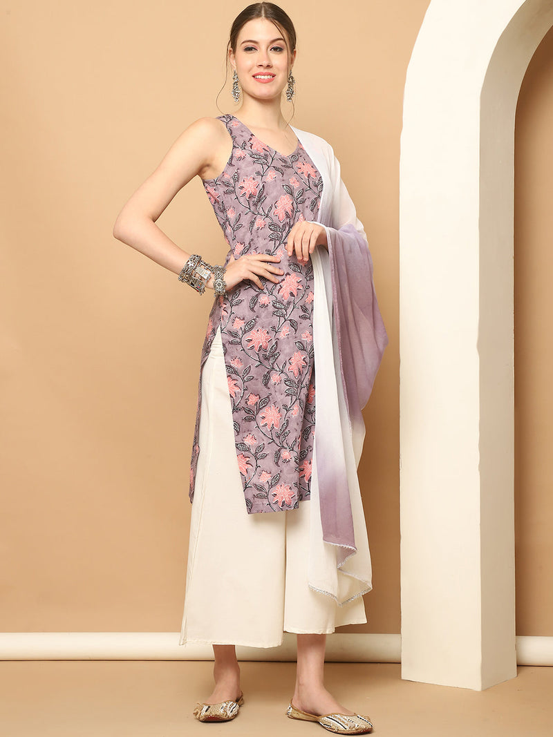 Printed Purple Rayon Kurta with Palazzos & With Dupatta ( JOKPL D65P 1561 Purple )