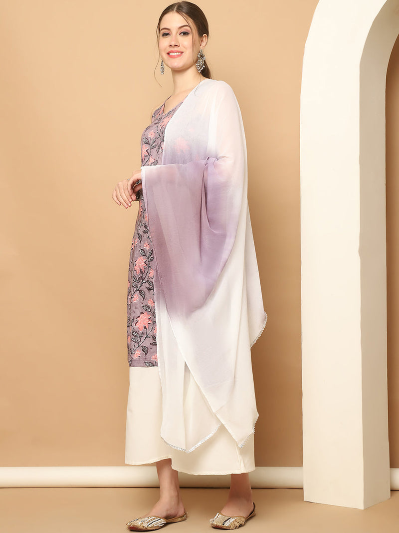 Printed Purple Rayon Kurta with Palazzos & With Dupatta ( JOKPL D65P 1561 Purple )