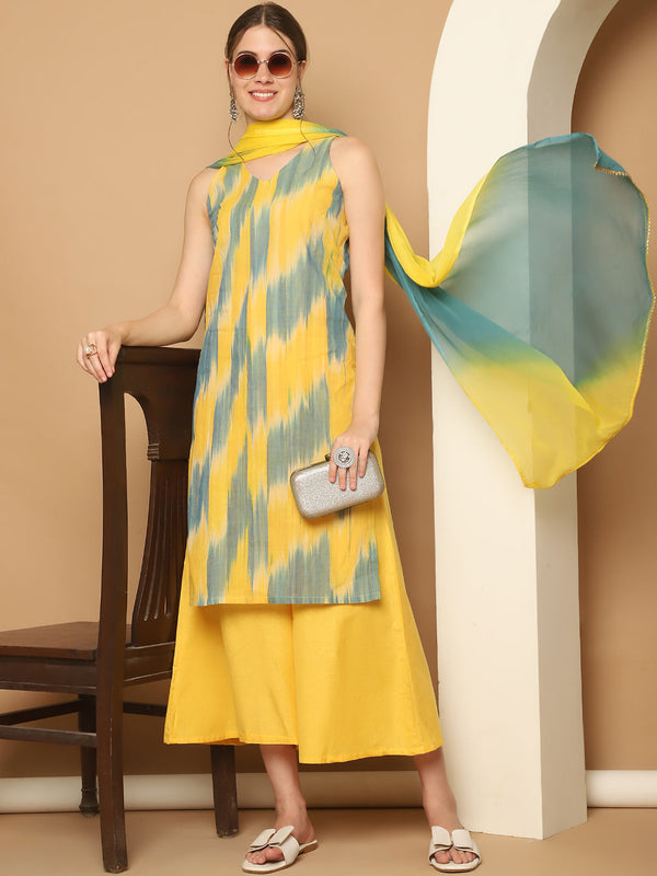 Woven Design Yellow Cotton Kurta with Palazzos & With Dupatta ( JOKPL D65YG 1561 Yellow )