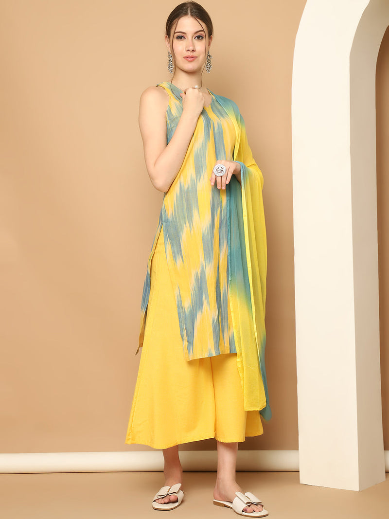 Woven Design Yellow Cotton Kurta with Palazzos & With Dupatta ( JOKPL D65YG 1561 Yellow )