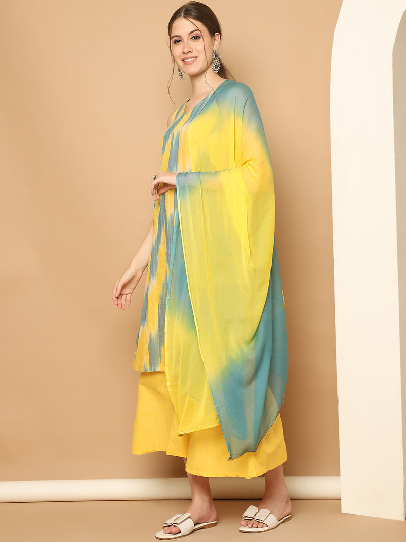 Woven Design Yellow Cotton Kurta with Palazzos & With Dupatta ( JOKPL D65YG 1561 Yellow )