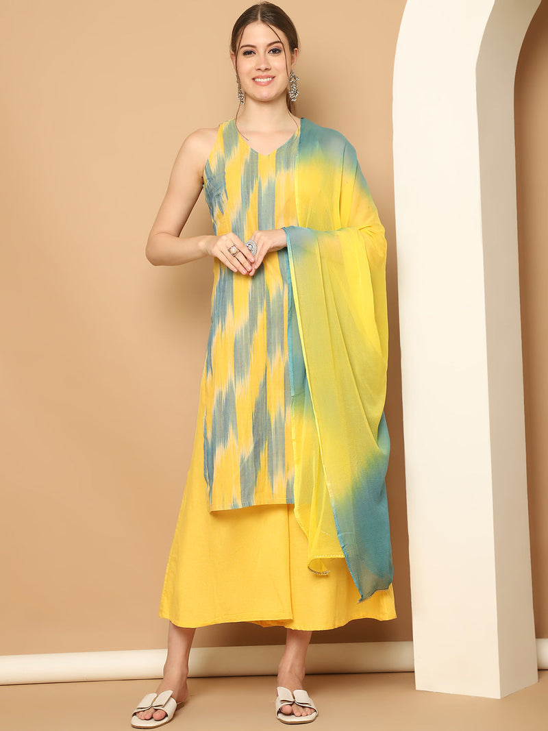 Woven Design Yellow Cotton Kurta with Palazzos & With Dupatta ( JOKPL D65YG 1561 Yellow )