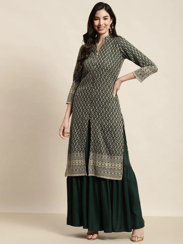 Green Embroidered Kurta with Sharara ( JOKPS 1448 Green )