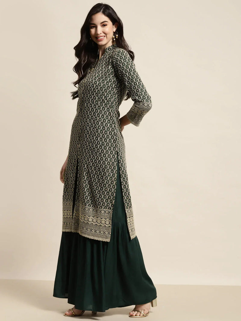 Green Embroidered Kurta with Sharara ( JOKPS 1448 Green )