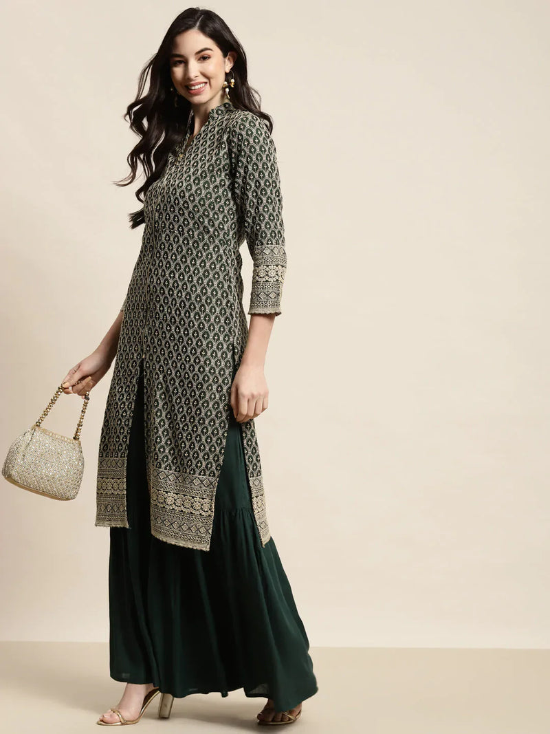 Green Embroidered Kurta with Sharara ( JOKPS 1448 Green )