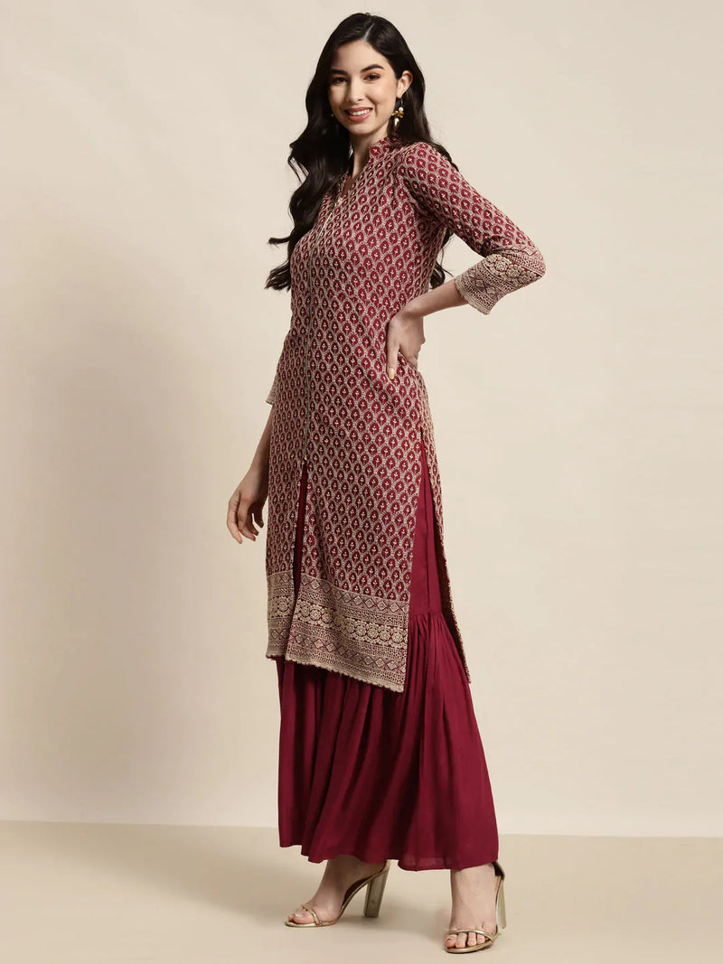 Maroon Embroidered Kurta with Sharara ( JOKPS 1448 Maroon )