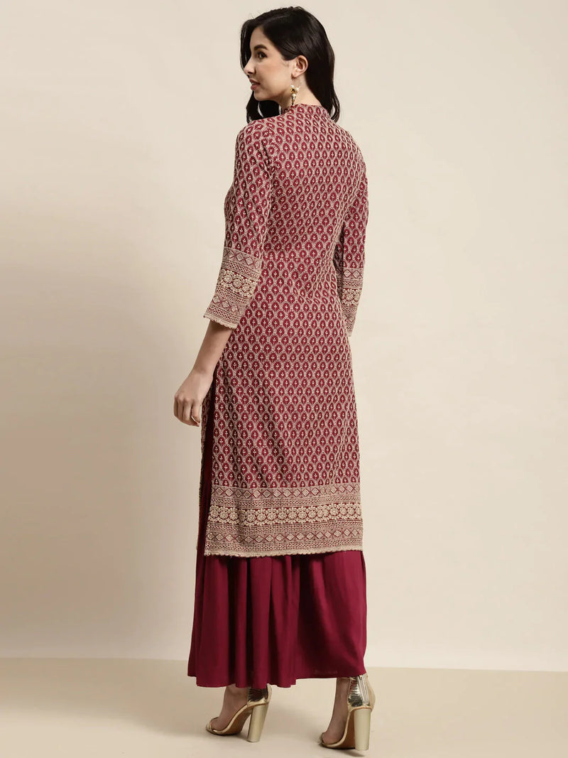 Maroon Embroidered Kurta with Sharara ( JOKPS 1448 Maroon )