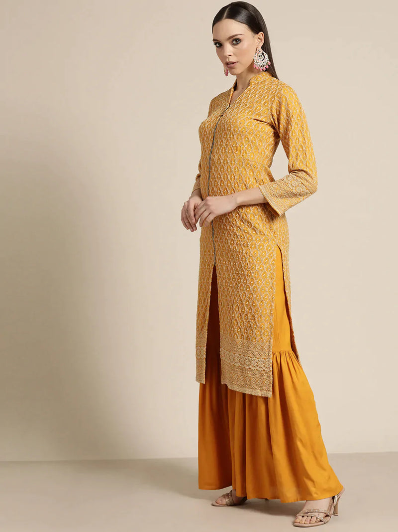 Mustard Embroidered Kurta with Sharara ( JOKPS 1448 Mustard )