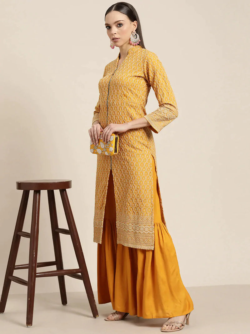 Mustard Embroidered Kurta with Sharara ( JOKPS 1448 Mustard )