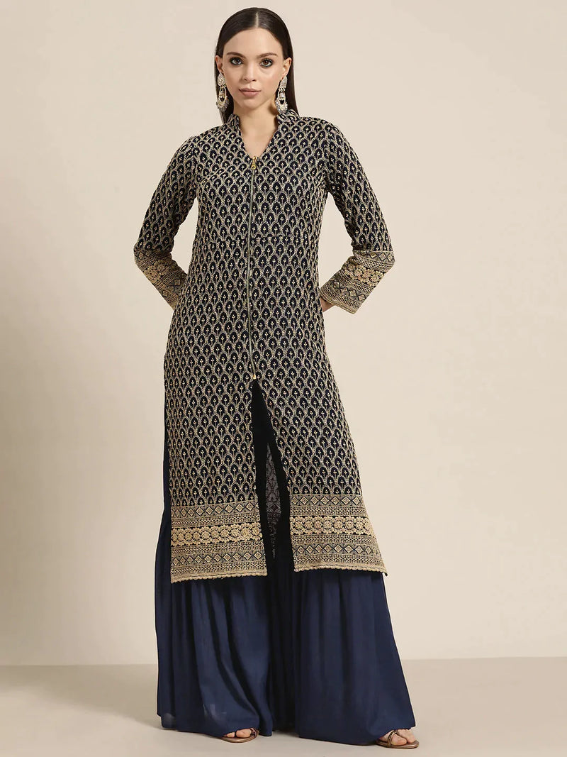 Navy Embroidered Kurta with Sharara ( JOKPS 1448 Navy )