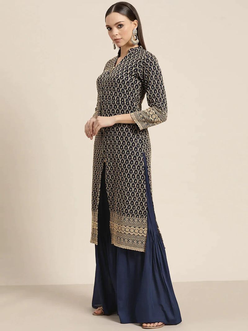 Navy Embroidered Kurta with Sharara ( JOKPS 1448 Navy )