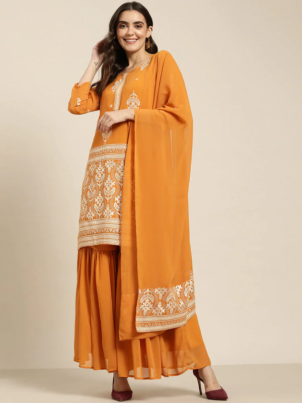 Women Orange & Silver Ethnic Motifs Foil Printed Straight Kurta Sharara Dupatta ( JOKPS D32O 1444 Orange )