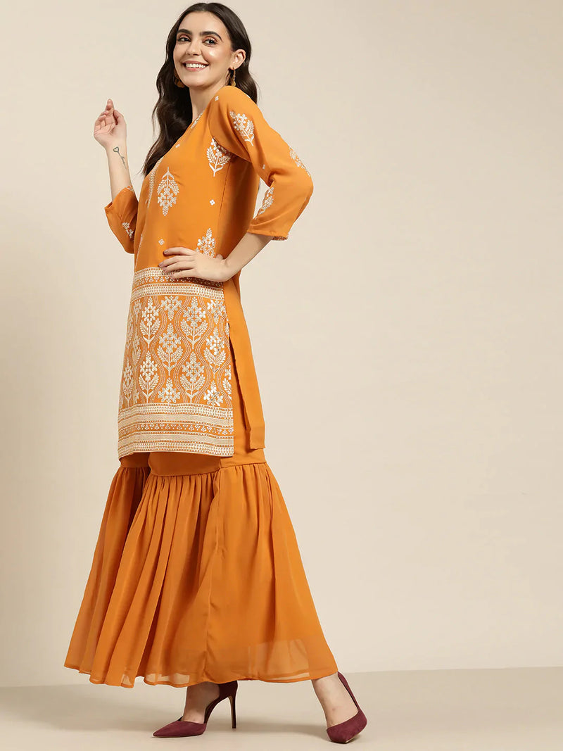 Women Orange & Silver Ethnic Motifs Foil Printed Straight Kurta Sharara Dupatta ( JOKPS D32O 1444 Orange )