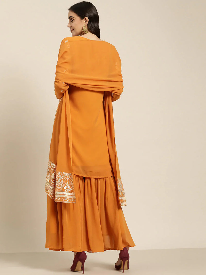 Women Orange & Silver Ethnic Motifs Foil Printed Straight Kurta Sharara Dupatta ( JOKPS D32O 1444 Orange )