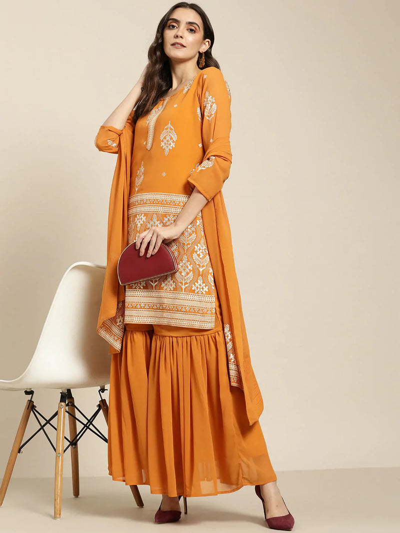 Women Orange & Silver Ethnic Motifs Foil Printed Straight Kurta Sharara Dupatta ( JOKPS D32O 1444 Orange )