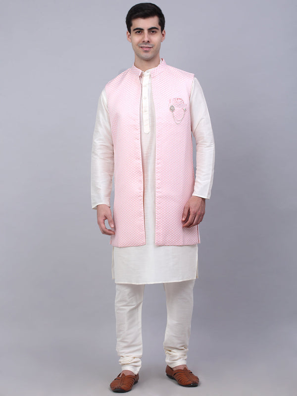 Men's Solid Kurta Pyjama With Shrug Jacket ( JOKPWCS W-D 4067Pink )