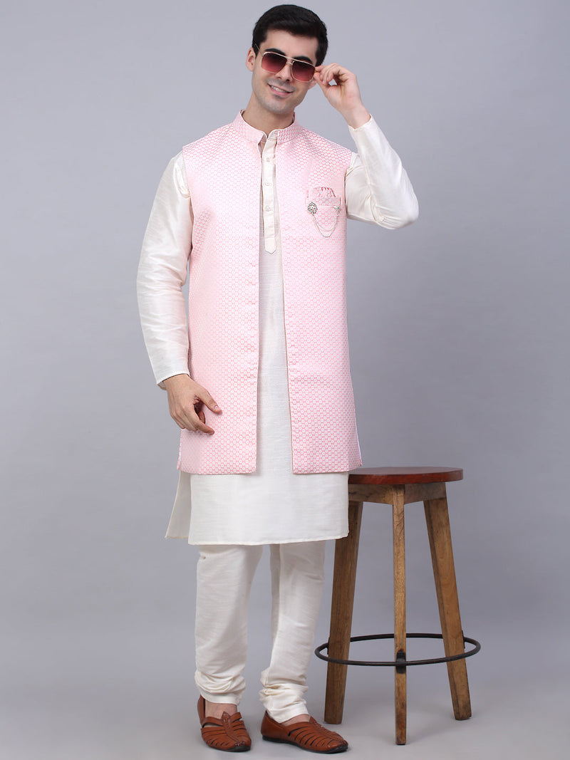 Men's Solid Kurta Pyjama With Shrug Jacket ( JOKPWCS W-D 4067Pink )