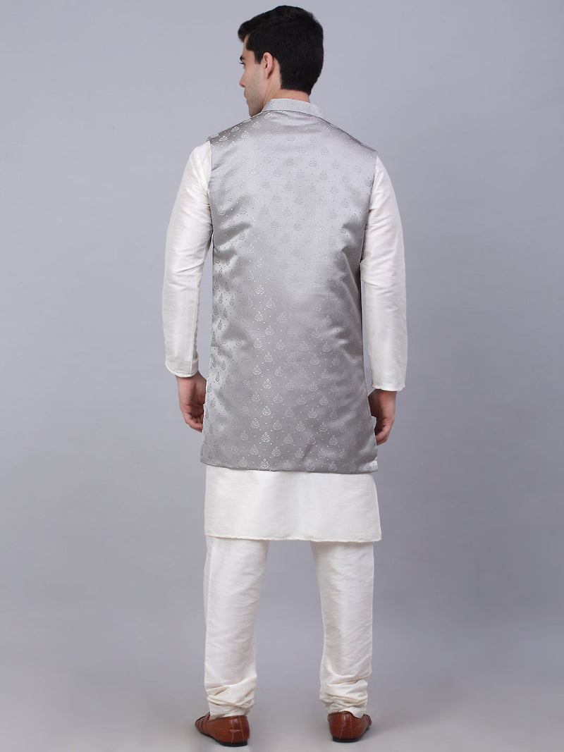 Men's Solid Kurta Pyjama With Shrug Jacket ( JOKPWCS W-D 4068Grey )