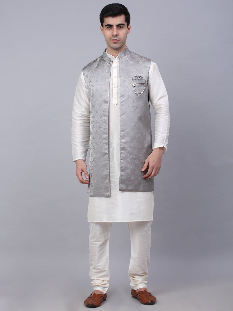 Men's Solid Kurta Pyjama With Shrug Jacket ( JOKPWCS W-D 4068Grey )