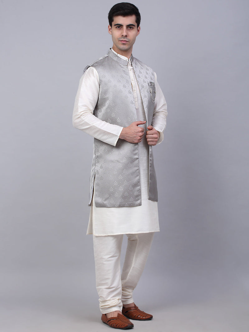 Men's Solid Kurta Pyjama With Shrug Jacket ( JOKPWCS W-D 4068Grey )