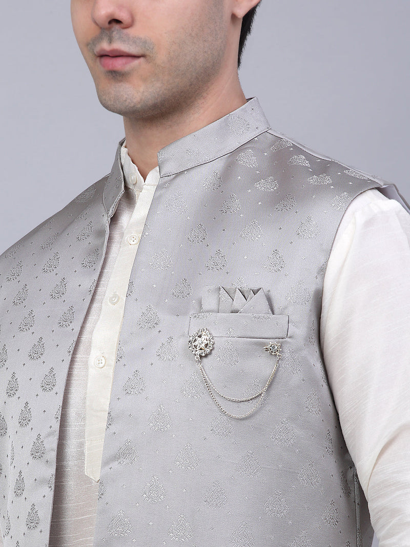 Men's Solid Kurta Pyjama With Shrug Jacket ( JOKPWCS W-D 4068Grey )