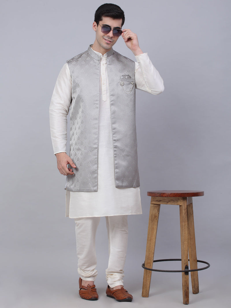 Men's Solid Kurta Pyjama With Shrug Jacket ( JOKPWCS W-D 4068Grey )