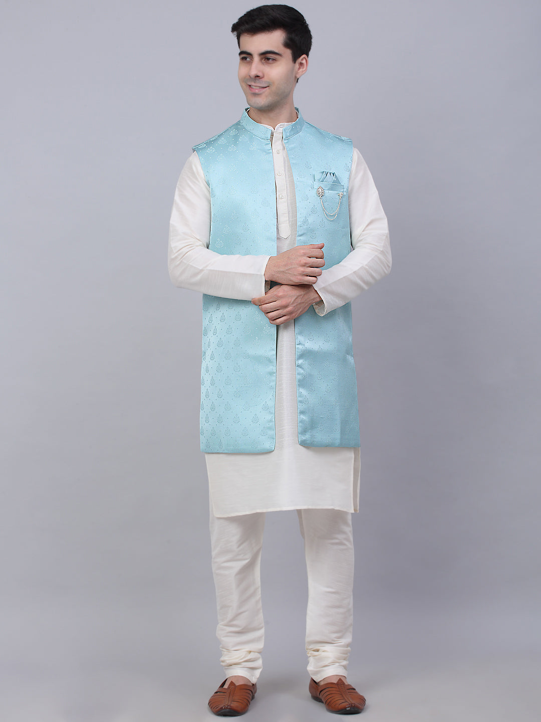 Men's Solid Kurta Pyjama With Shrug Jacket ( JOKPWCS W-D 4068Sky )