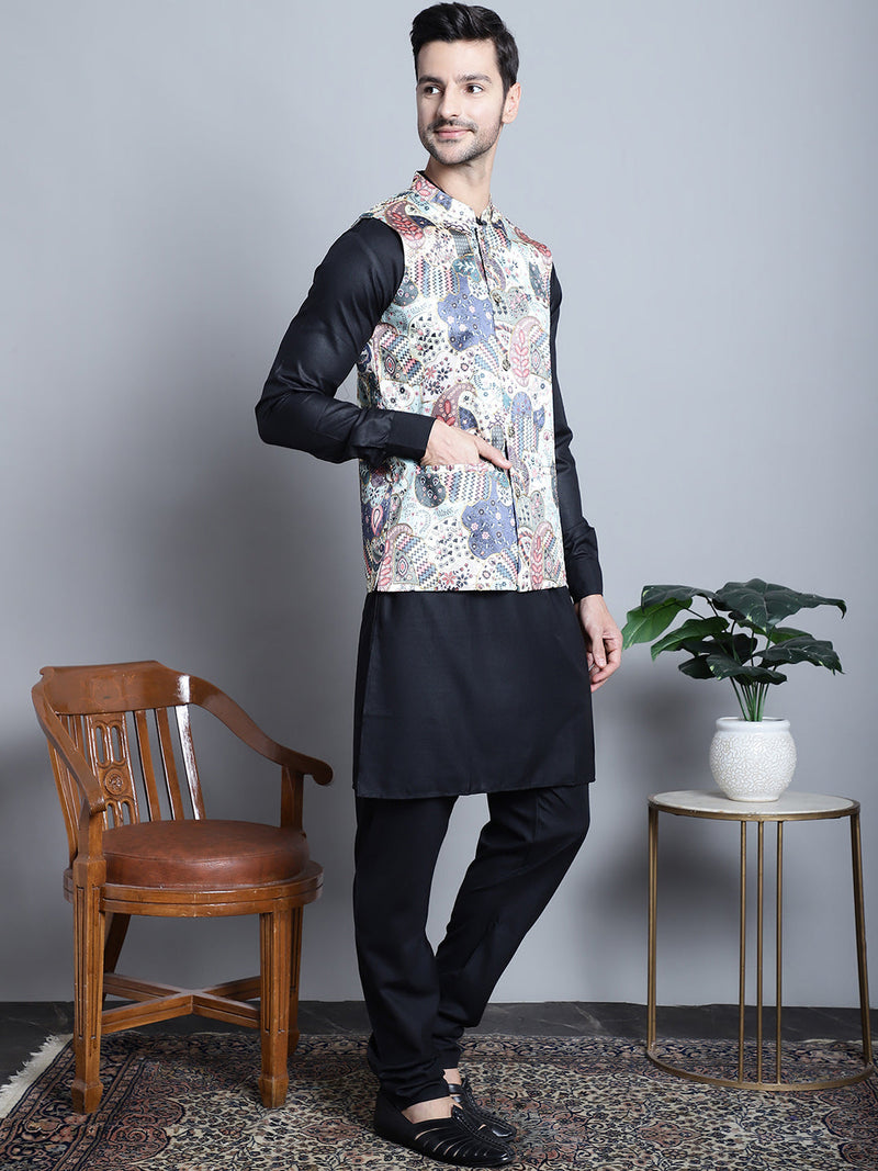 Men's Digital Print and Zari Work Nehru Jacket With Kurta Pyjama Set