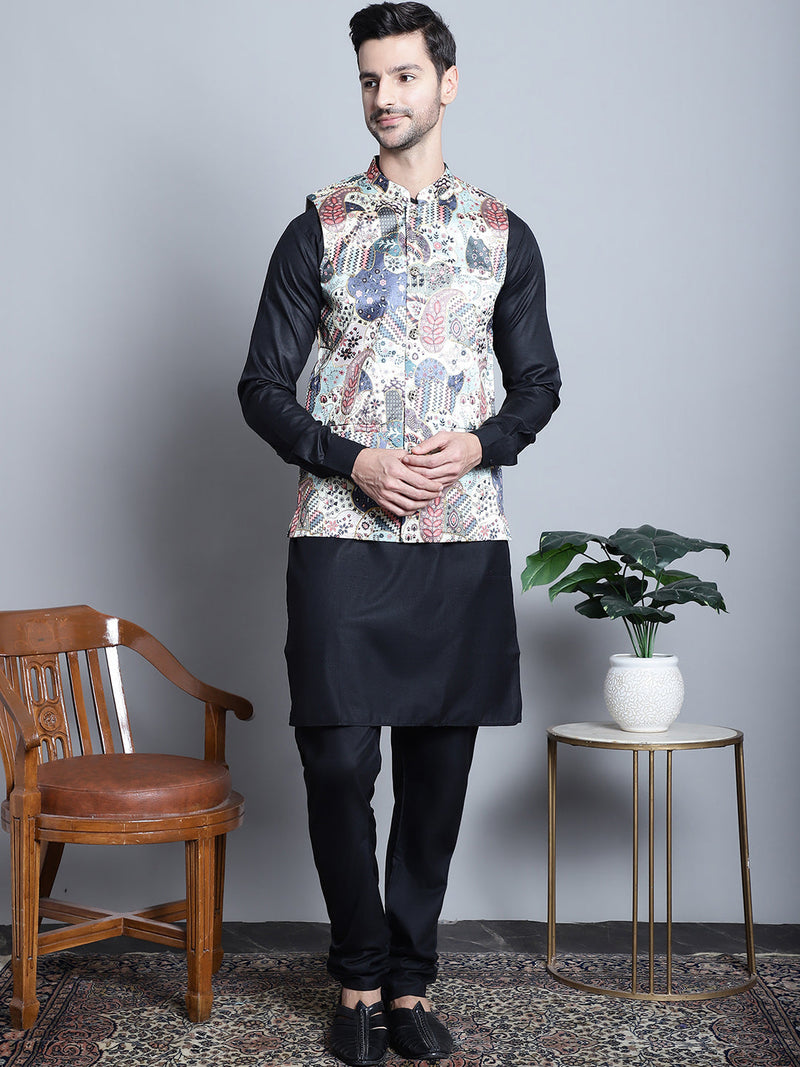 Men's Digital Print and Zari Work Nehru Jacket With Kurta Pyjama Set