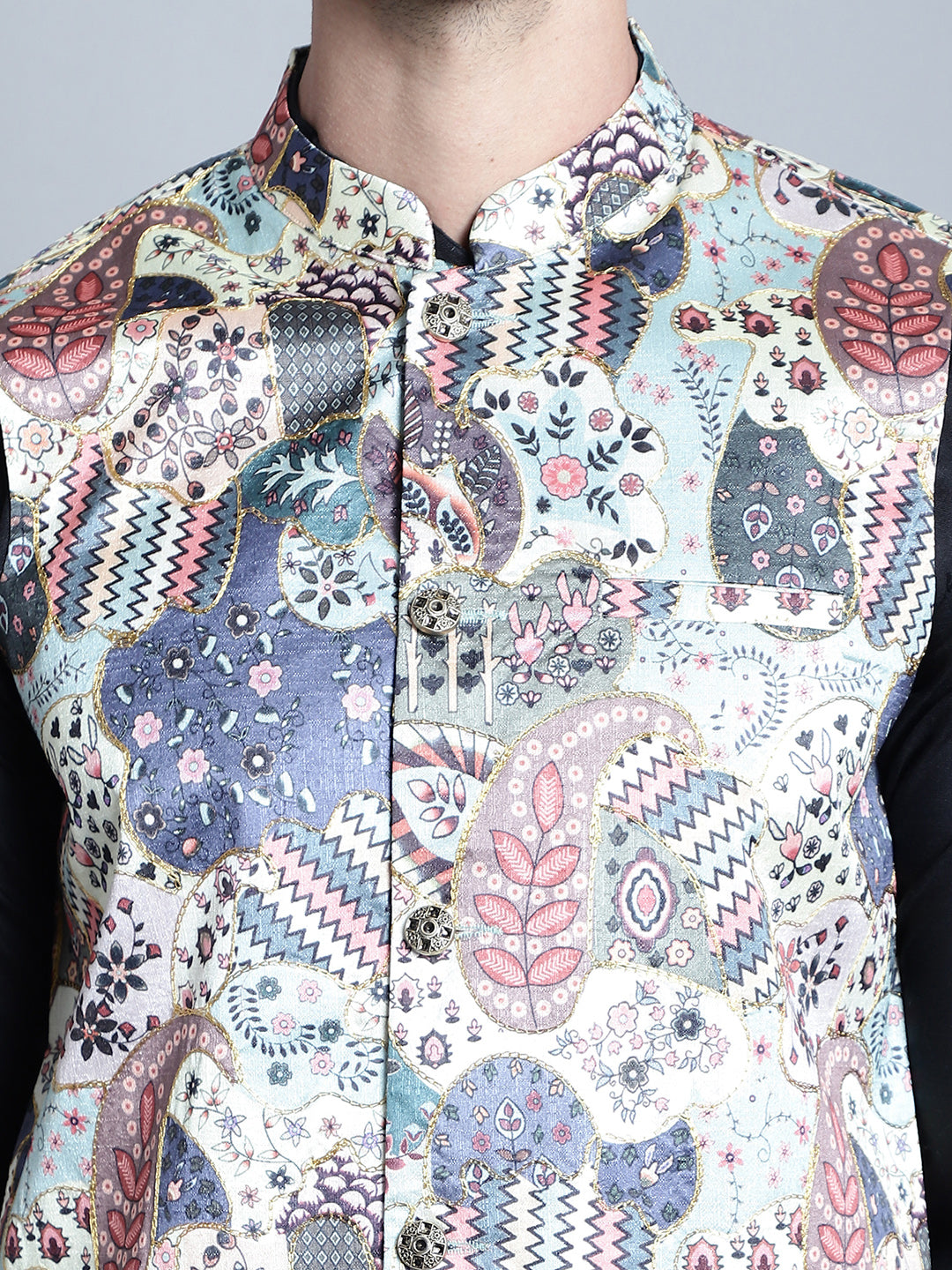 Men's Digital Print and Zari Work Nehru Jacket With Kurta Pyjama Set