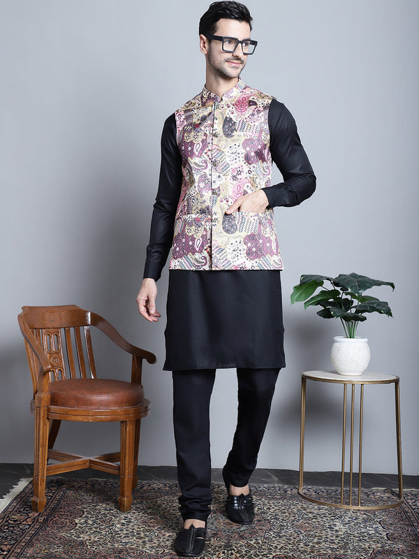 Men's Digital Print and Zari Work Nehru Jacket With Kurta Pyjama Set