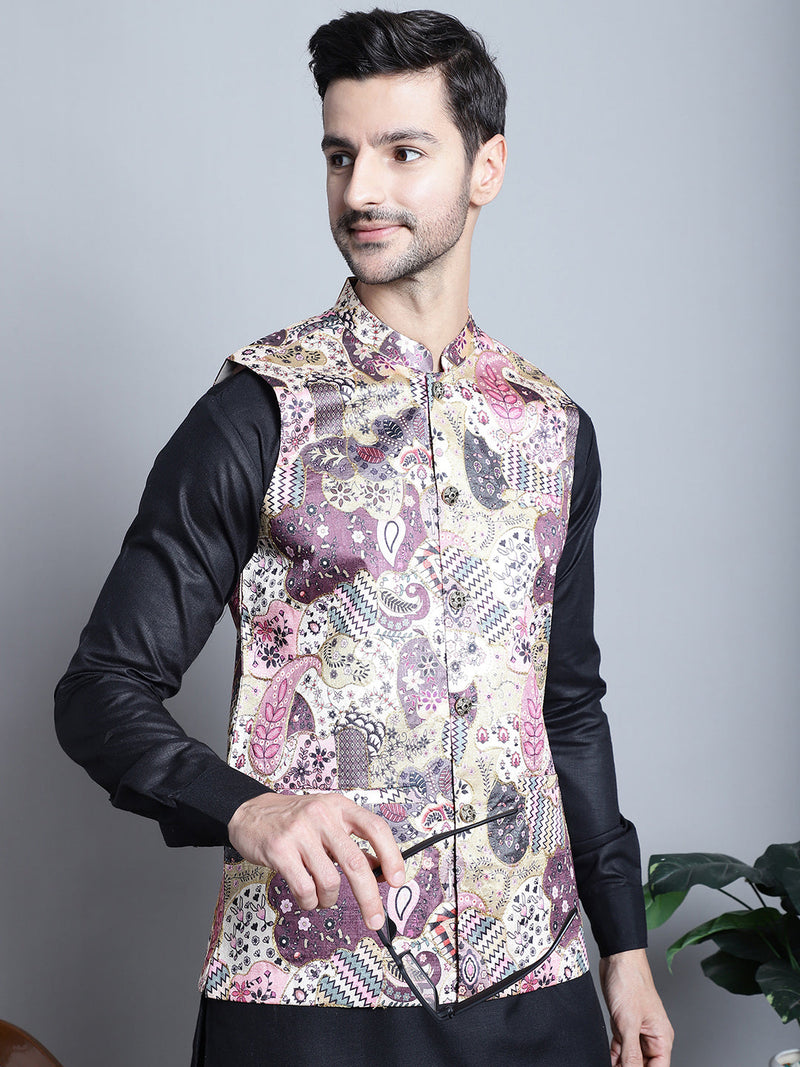 Men's Digital Print and Zari Work Nehru Jacket With Kurta Pyjama Set