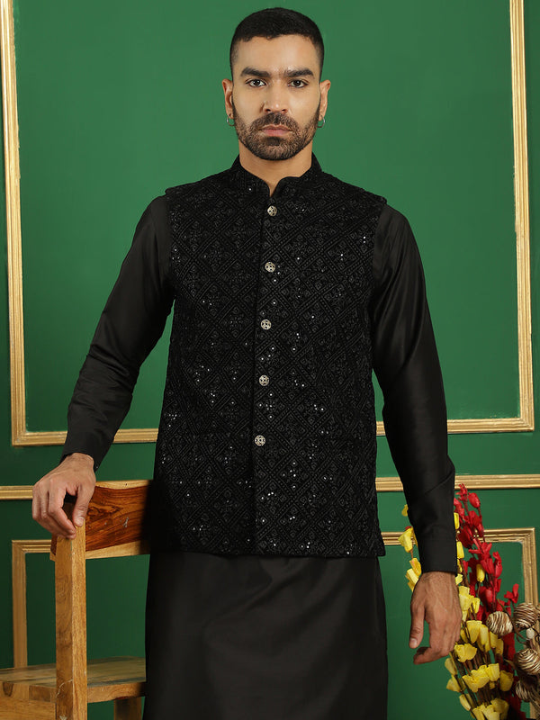 Men's Velvet Nehru Jacket With Solid Kurta Pyjama