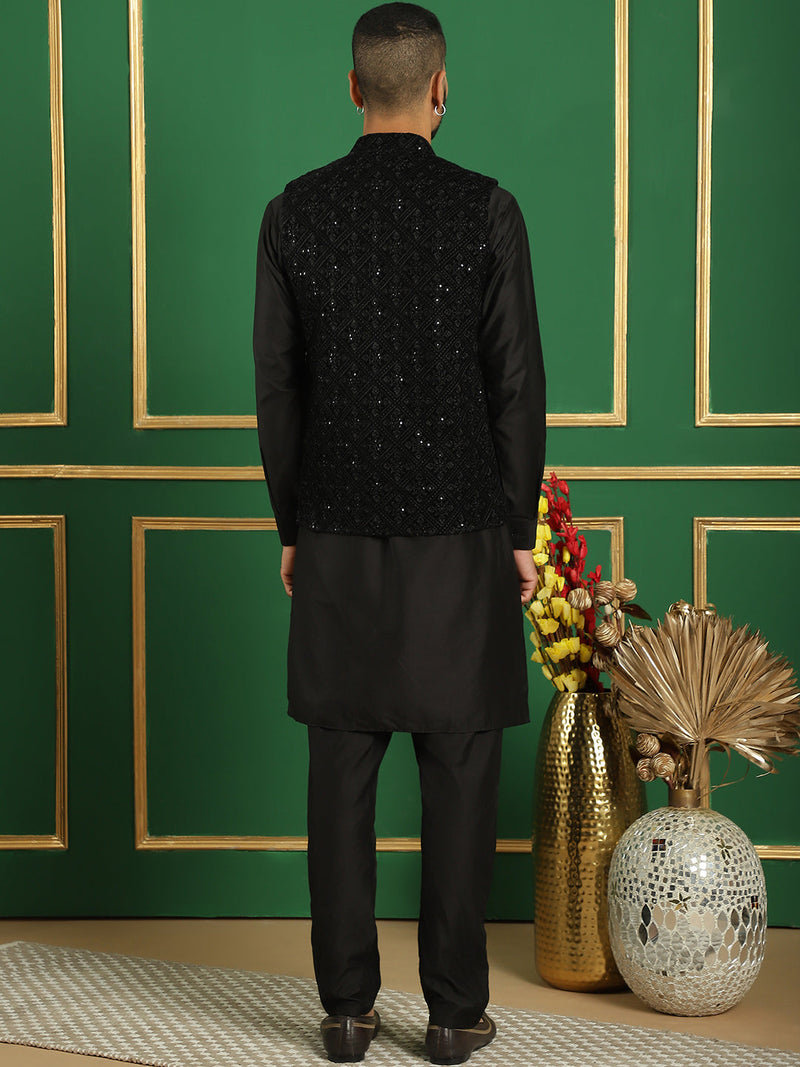 Men's Velvet Nehru Jacket With Solid Kurta Pyjama