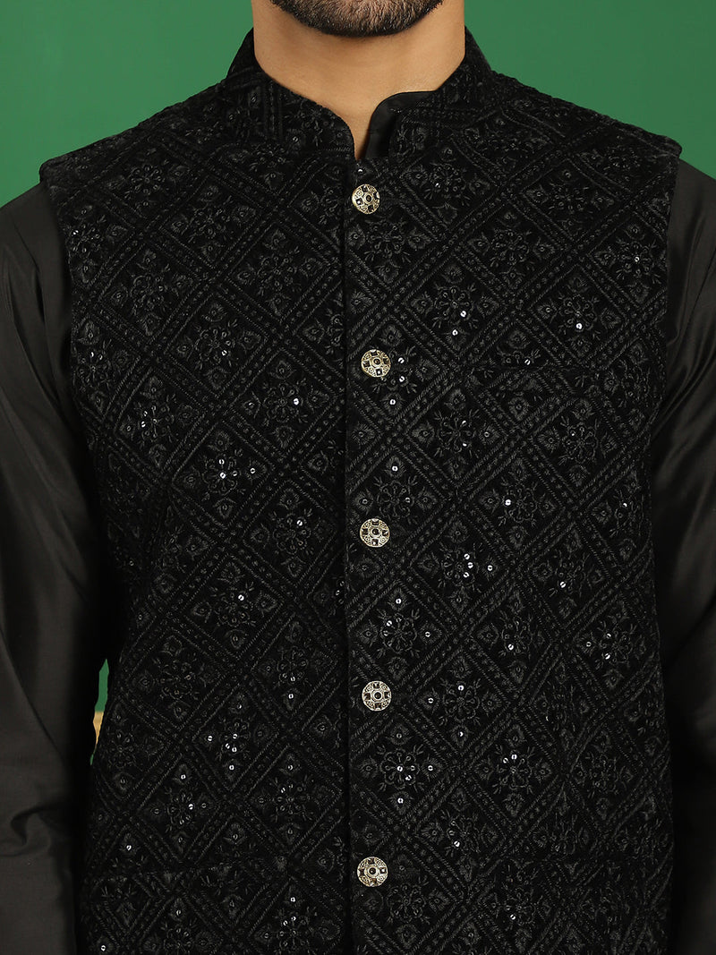 Men's Velvet Nehru Jacket With Solid Kurta Pyjama