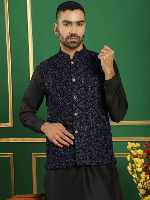 Men's Velvet Nehru Jacket With Solid Kurta Pyjama