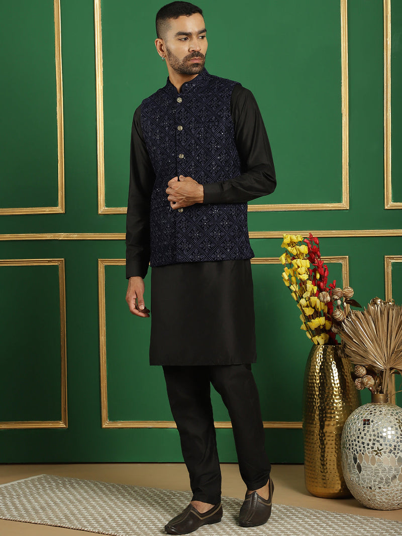 Men's Velvet Nehru Jacket With Solid Kurta Pyjama