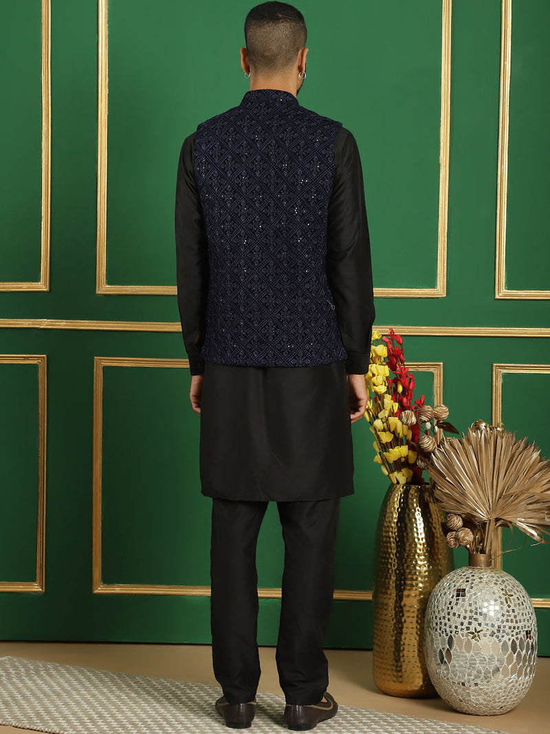 Men's Velvet Nehru Jacket With Solid Kurta Pyjama